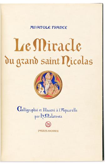 Malteste, Henri (1870-1920) illus. Anatole France (1844-1924) Le Miracle du Grand Saint Nicholas. Illuminated manuscript.